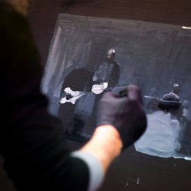 Turin, Italy - March, 03 2018: painter Daniele Galliano performs live painting during the show called 'John Cale inspired by: NYC - Avantgarde Portrait @OGR' on March 3, 2018 in Turin, Italy. (Photo by Giorgio Perottino/Getty Images)