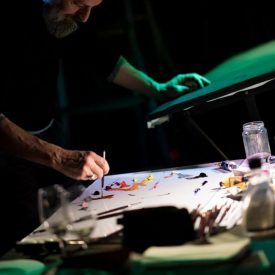 Turin, Italy - February, 17 2018: painter Daniele Galliano performs live painting durnig Blonde Redhead live show called 'Permanent Vacation' @OGR on February 17, 2018 in Turin, Italy. (Photo by Giorgio Perottino/Getty Images for OGR)